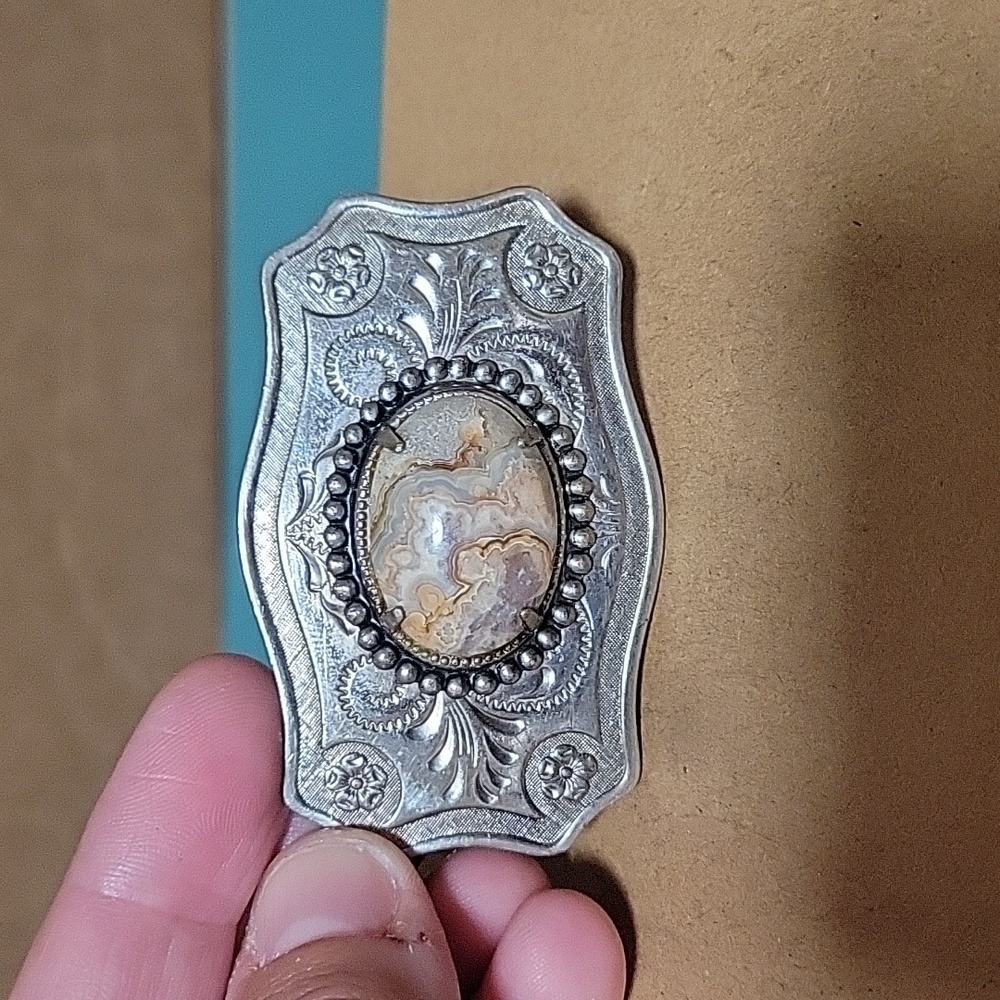 Petoskey stone woman sliver belt buckle